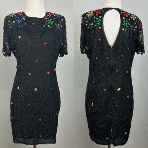 Vintage 100% Silk Black With Red Green Gold and Blue Sequins Cocktail Dress Sz S